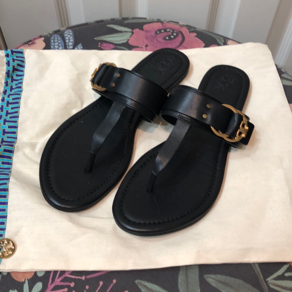 Black & Gold Buckle Marsden Leather T-Strap